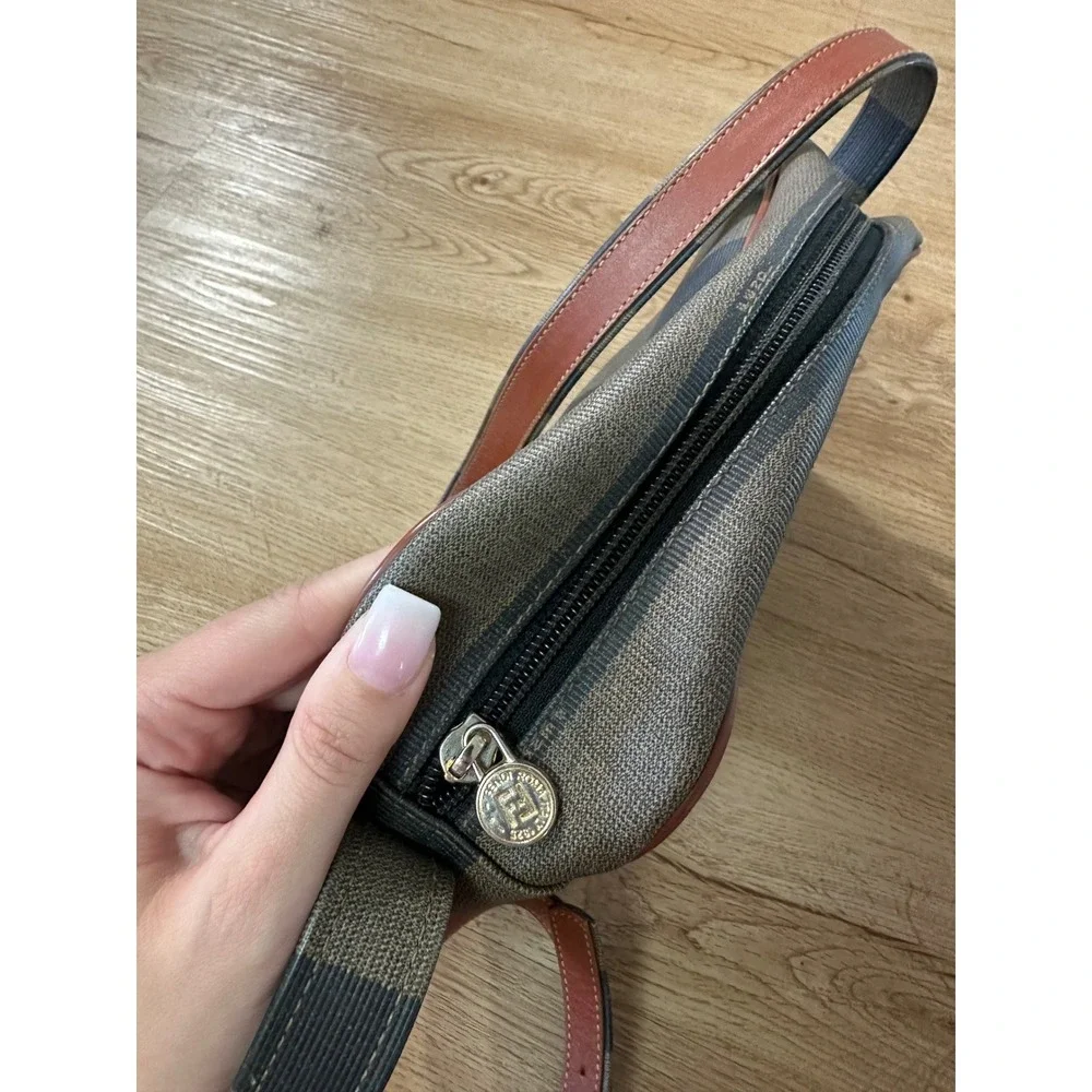 Fendi Roma Vintage Pequin Striped Crossbody Bag Brown Leather 172-251200-018